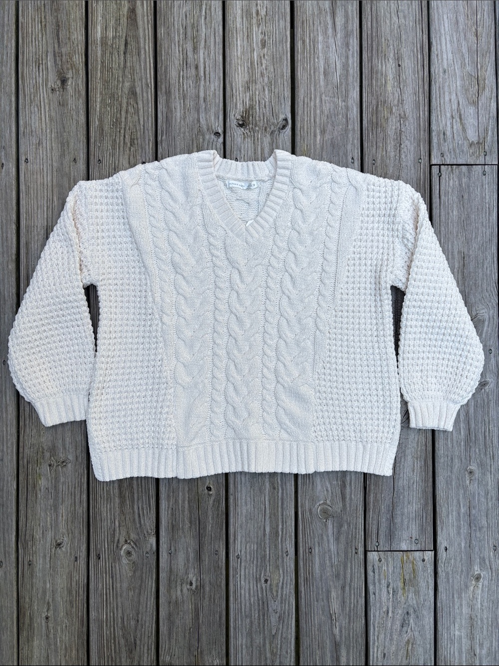 ALTAR'D STATE Cream Chunky Cable Knit V-Neck Sweater Waffle Balloon Sleeve Small
